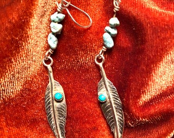 Vintage 70's Turquoise Feather Earrings, Southwestern Silver Dangle Earrings