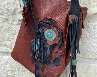 Handmade Deerskin Leather Crossbody Bag | One-of-a-Kind Artisan Purse | Turquoise & Natural Beads | Western Boho Bag
