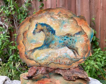Turquoise Pony mixed media painting on handmade paper and sandstone