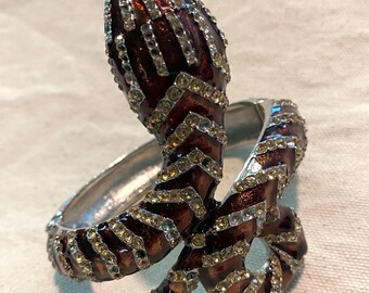 Vintage Enamel Snake Clamper Bracelet, Rhinestone Serpentine Cuff, Mid Century Coil Serpent Bangle