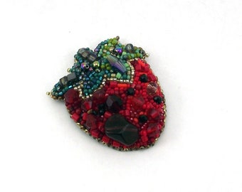 Brooch Red Strawberry beads rhinestones bead jewelery hand made pin