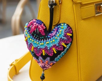 Boho Felt Heart Purse Charm, Hand Embroidered Beaded Leather Keychain