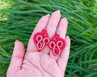 Red Crystal Soutache Earrings: Small Evening Jewelry