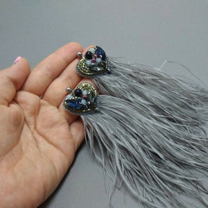 Unusual unique Feather earrings Ostrich Tassel Earrings Stilish earrings beads Festive look bridesmaid earrings
