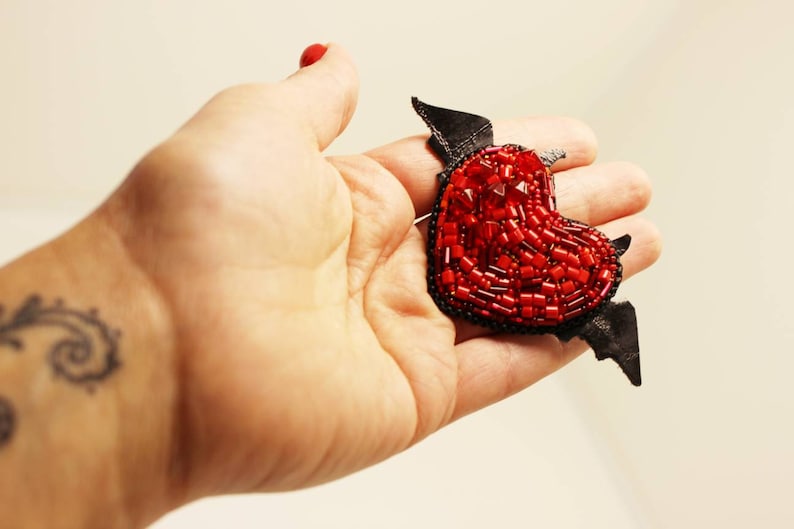 Brooch Red Heart Brooch heart Red heart Beads brooch Beads heart Handmade brooch Valentine gift Gift fir her Heart