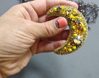 Handmade Gold Moon Brooch: Beaded Glamour Jewelry