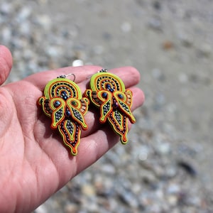 Colorful Soutache Long Chartreuse    Earring, Long embroidered earrings, Boho Colorful soutache earrings, Tribal earrings