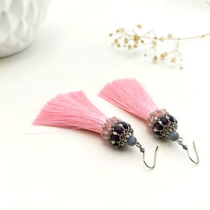 Silk pink tassel earrings with crystal beads and beads, Short pink silk tassel earrings,  Gift for her