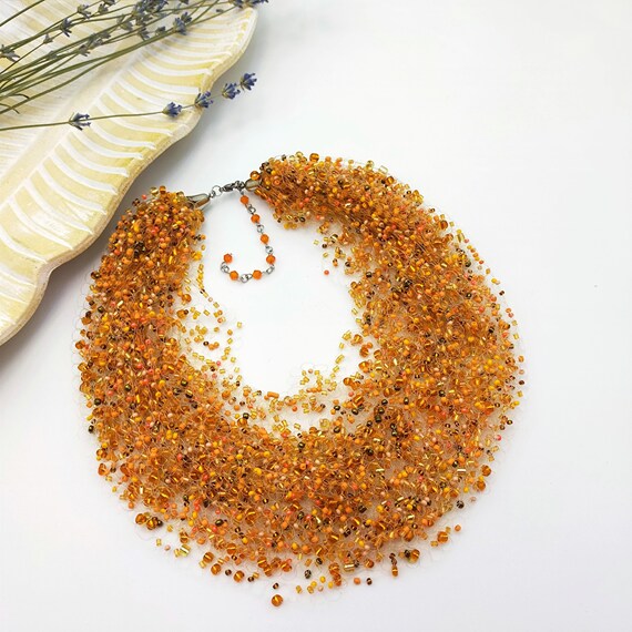 Crochet Seed Bead Multi Strand Necklace: Amber Honey Gold Jewelry