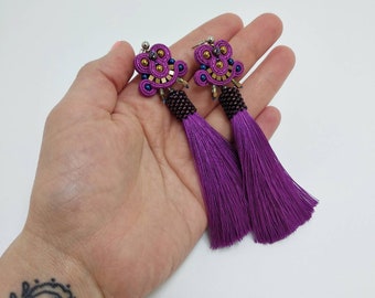 Soutache Earrings Lilac Earring Tassel Silk Lilac Long earrings Brushes Gift for Birthay Luxurious decoration