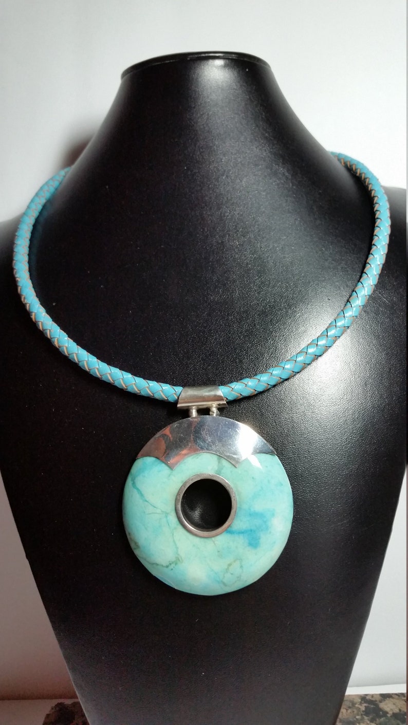 Round Turquoise Pendant in .925 Sterling Silver And leather Bolo Cord