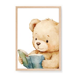 Reading Teddy Bear Nursery Wall Art Print, Baby Boy Nursery Wall Art Print, Baby Bear Nursery Theme Decor, Teddy Bear Kids Room Wall Print