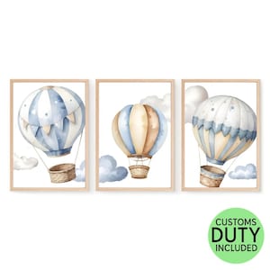 Hot Air Balloon Nursery Prints: Baby Boy Blue Theme, Set of 3