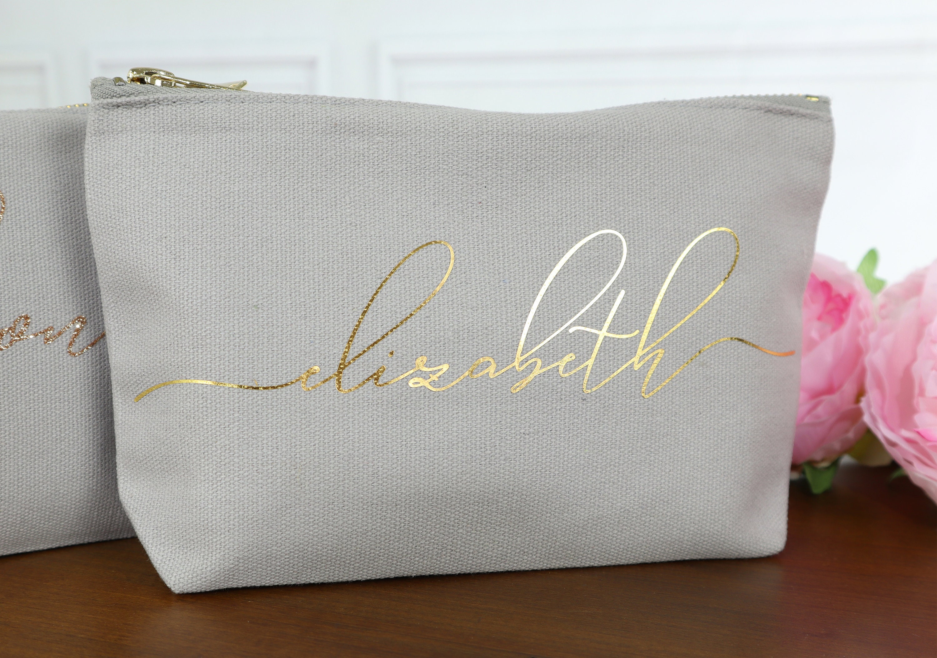 Personalized Monogram Makeup Bag Light Gray Bag With Gold | Etsy