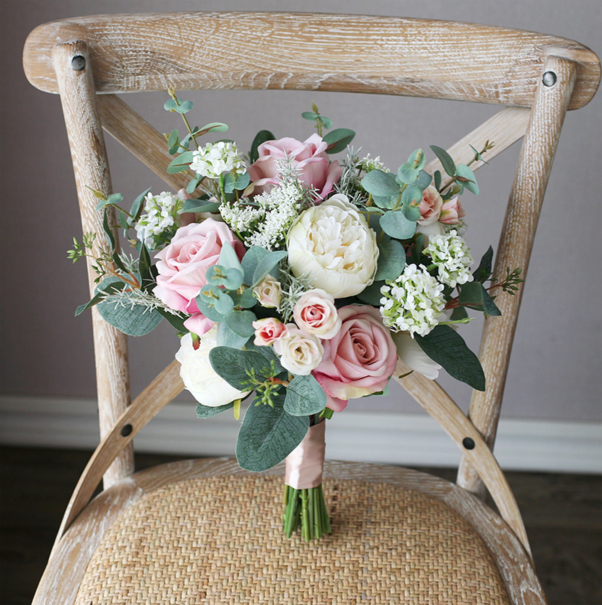 Light Pink/ Pink Peony Artificial Silk Flowers Bridal Wedding Bouquet 