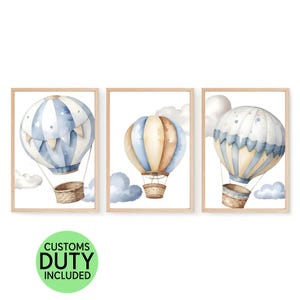Hot Air Balloon Nursery Prints: Baby Boy Blue Theme, Set of 3