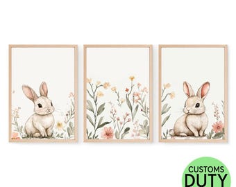 Wildflower & Bunnies Nursery Art Prints: Set of 3, Girl&#39;s Room Decor