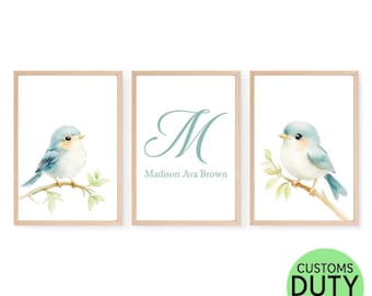 Custom Monogram Bird Nursery Art Prints - Set of 3