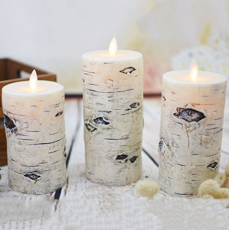 Birch Bark Real Wax Flameless Candles Set of 3 Moving Flame Etsy