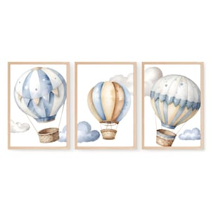 Set of 3 Hot Air Balloon Nursery Wall Art Prints, Baby Boy Nursery Wall Art Print, Boy Baby Blue Nursery Theme Decor, Kids Room Wall Art