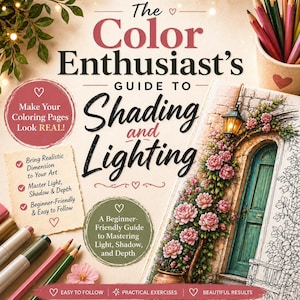 Op de afbeelding: Boekomslag met de titel "The Color Enthusiast's Guide to Shading and Lighting". De omslag bevat tekst en illustraties, waaronder een tekening van een deur met bloemen. Kleurpotloden zitten in een kleine beker. Het boek belooft kleurplaten realistisch te maken.