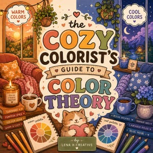 Op de afbeelding: Een kleurrijke boekomslag getiteld "The Cozy Colorist's Guide to Color Theory" met een kat die een hart vasthoudt. De omslag toont warme en koele kleurenpaletten, koffiekopjes, kaarsen en de tekst "by Lena H Creative."