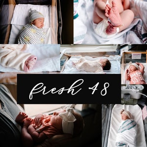 Puede incluir: Un collage de bebés recién nacidos en varias poses. Los bebés están envueltos en mantas, usan gorros y están acostados en cunas de hospital. El texto "fresh 48" se muestra sobre un fondo negro.