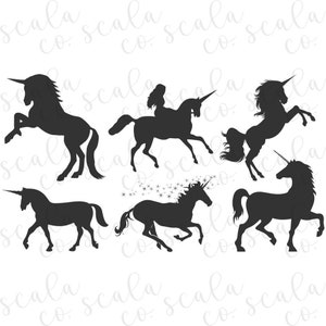 Unicorno SVG, 6 Pacchetto Unicorno, Unicorno da equitazione, File tagliati Silhouette, File tagliati Cricut, File EPS, File PNG, File Svg
