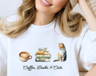 Coffee Books Cats Sweatshirt, Watercolor Cat Sweater, Book Lover Gift, Cozy Reader Pullover, Minimalist Bookish Crewneck, Unisex Sweater