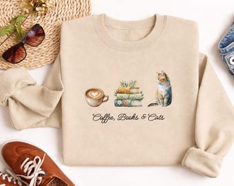 Coffee Books Cats Sweatshirt, Women's Cat Sweater, Gift for Readers, Book Lovers Sweatshirt, Coffee Cats Sweater