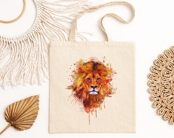 Lion Tote Bag, Watercolor Lion Bag, Animal Lover Tote, Lion Canvas Bag, Wildlife Tote Bag, Nature Gift, Reusable Cotton Bag