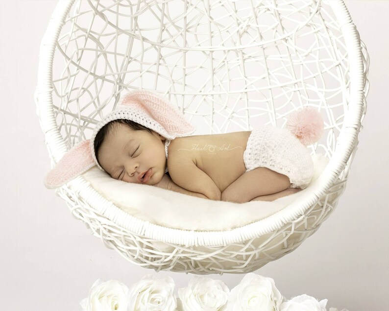 Crochet Bunny Newborn Bonnet and Diaper CoverBaby Easter Photo Prop Baby Bonnet Photography Prop Newborn HatBaby Hat Made to order