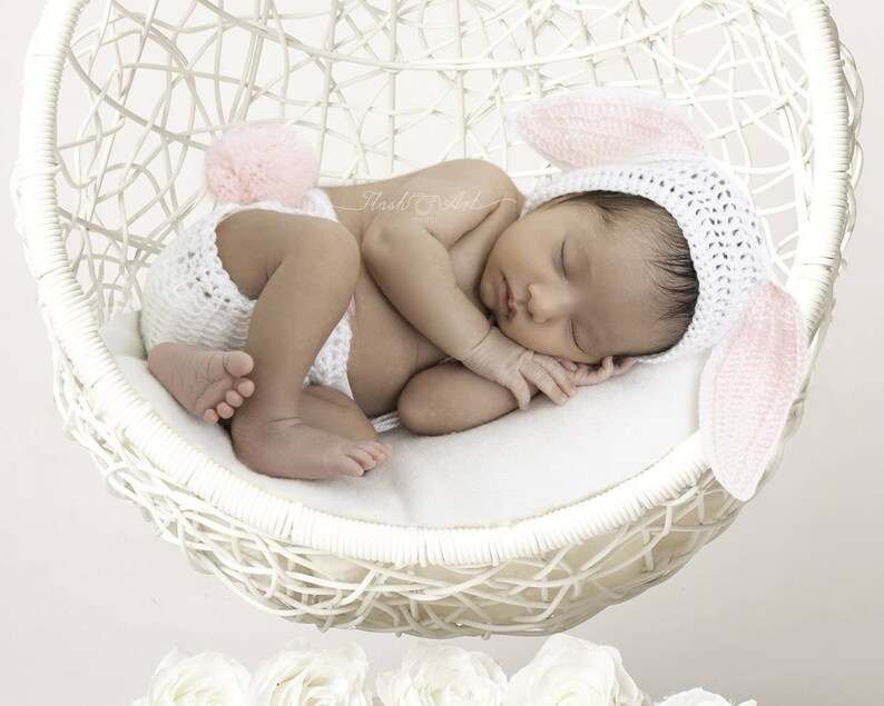 Crochet Bunny Newborn Bonnet and Diaper CoverBaby Easter Photo Prop Baby Bonnet Photography Prop Newborn HatBaby Hat Made to order