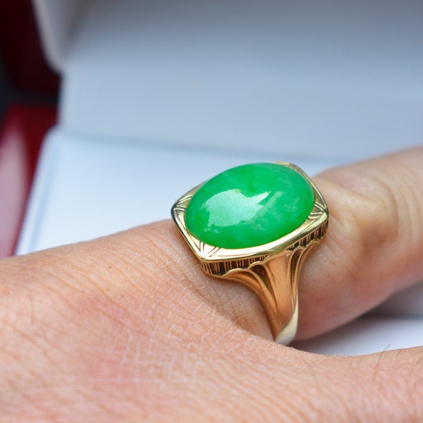 14k Yellow Gold Translucent Grade "A" Bright "Apple" Green Jadeite Jade Ring by Larter & Sons 1930's  | Natural Untreated Jade Ring Size 6