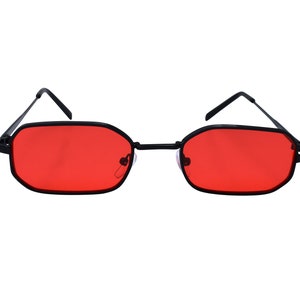 May include: Black rectangular sunglasses with red lenses.
