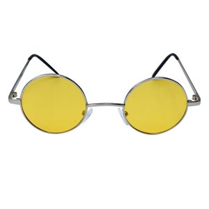 90&#39;s Small Round Sunglasses Classic Metal Silver Glasses with Yellow, Red, Blue, Green Lenses, Women, Men, Unisex