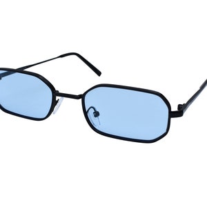 Blue Square Sunglasses, Thin 90&#39;s Vibe, Gold Black Metal Glasses, Orange, Red, Lenses, Women, Men, Unisex