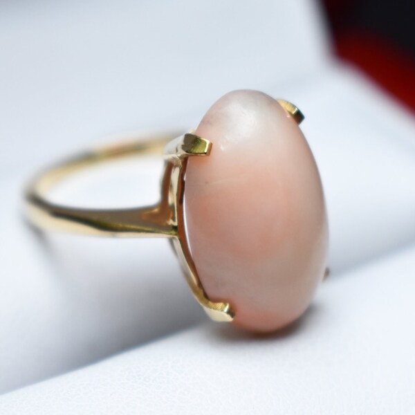 14K Solid Gold High Quality Untreated Angel Skin Pink Coral Ring, 7.5 CT Women's Ring Size 7