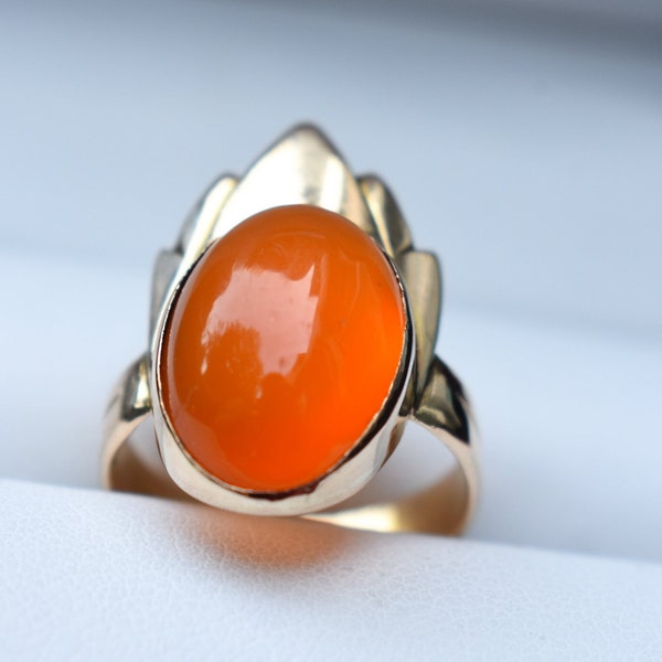 14K Solid Gold High Quality Grade "A" Untreated Fire Opal Ring, Women's, Highly Translucent 6.0 Carat Natural Fire Opal,  Ring Size 5.5