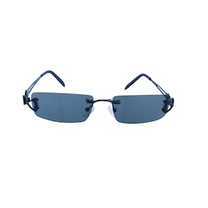 May include: Black sunglasses with a thin metal frame and dark gray lenses.