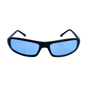 80&#39;s Black Wraparound Sunglasses with Blue See Through Lenses , Unisex For Men and Women