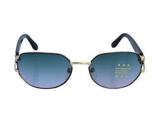 Vintage 80’s Sunglasses Gold & Black Metal Frame with Blue Gradient Lenses
