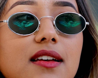 Óculos de sol vintage, óculos prateados originais dos anos 90 com holograma de águia em lentes de vidro