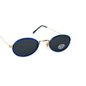 80&#39;s Vintage Oval Sunglasses John Lennon Style Gold Blue Frame with Black Lenses, Unworn Original, Medium Size