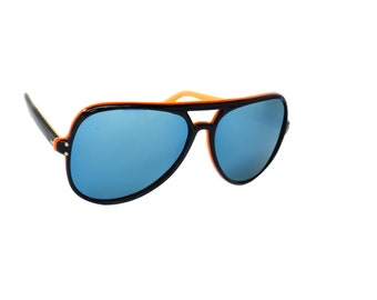 Gafas de sol originales de aviador de esquí de la década de 1970 marco de plástico negro, amarillo y naranja con lentes azules, gafas estilo Bruce Lee hechas en Japón