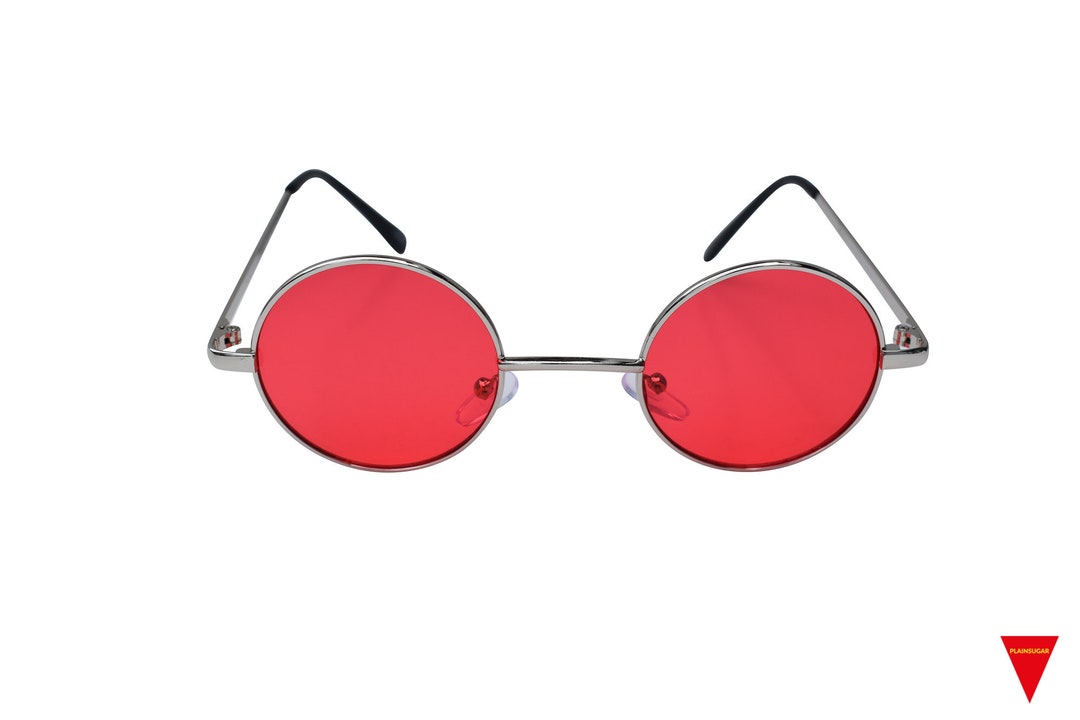 Red 90's Round Sunglasses Classic Metal Silver Glasses With Yellow, Red ...