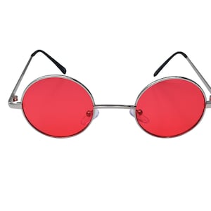 Red 90&#39;s Round Sunglasses Classic Metal Silver Glasses with Yellow, Red, Blue, Green Lenses, Women, Men, Unisex