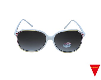 Gafas de sol blancas de los años 80 con laterales rojos y lentes marrones, originales, sin usar