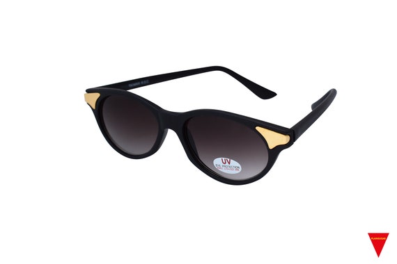 80's Black Cateye Sunglasses with Gold Ends Thin … - image 1