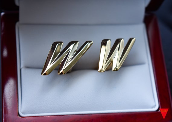 70's "W" Initials Cufflinks, Original Unworn Gold… - image 6